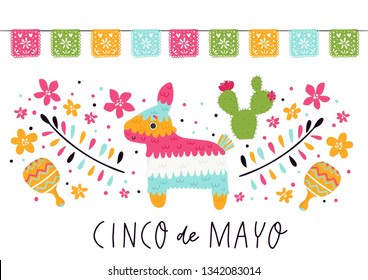 Beautiful vector illustration with design for Mexican holiday 5 may Cinco De Mayo. Fiesta banner and poster design with flags, flowers, decorations