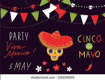 Beautiful vector illustration with design for Mexican holiday 5 may Cinco De Mayo. Fiesta banner and poster design with sugar skull, flags, flowers, decorations