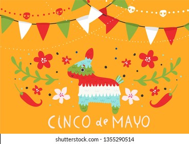 Beautiful vector illustration with design for Mexican holiday 5 may Cinco De Mayo. Fiesta banner and poster design with piñata, flags, flowers, decorations