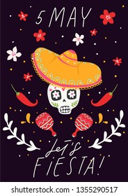 Beautiful vector illustration with design for Mexican holiday 5 may Cinco De Mayo. Fiesta banner and poster design with sugar skull, flags, flowers, decorations