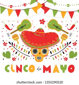 Beautiful vector illustration with design for Mexican holiday 5 may Cinco De Mayo. Fiesta banner and poster design with sugar skull, flags, flowers, decorations
