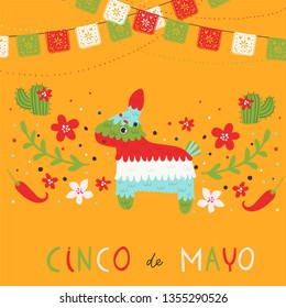Beautiful vector illustration with design for Mexican holiday 5 may Cinco De Mayo. Fiesta banner and poster design with piñata, flags, flowers, decorations
