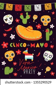 Beautiful vector illustration with design for Mexican holiday 5 may Cinco De Mayo. Fiesta banner and poster design with sugar skull, flags, flowers, decorations
