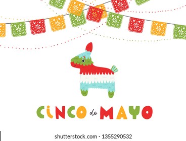 Beautiful vector illustration with design for Mexican holiday 5 may Cinco De Mayo. Fiesta banner and poster design with piñata, flags, flowers, decorations