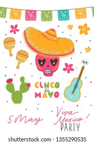 Beautiful vector illustration with design for Mexican holiday 5 may Cinco De Mayo. Fiesta banner and poster design with sugar skull, flags, flowers, decorations