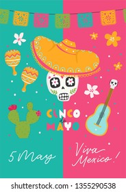 Beautiful vector illustration with design for Mexican holiday 5 may Cinco De Mayo. Fiesta banner and poster design with sugar skull, flags, flowers, decorations