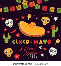 Beautiful vector illustration with design for Mexican holiday 5 may Cinco De Mayo. Fiesta banner and poster design with sugar skull, flags, flowers, decorations