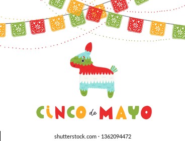 Beautiful vector illustration with design for Mexican holiday 5 may Cinco De Mayo. Fiesta banner and poster design with piñata, flags, flowers, decorations