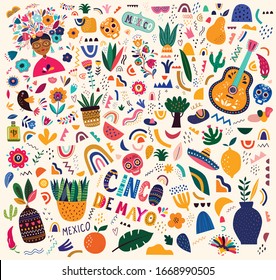 Beautiful vector illustration with design  for Mexican holiday 5 may Cinco De Mayo. Vector template with traditional Mexican symbols: Mexican guitar, flowers, red pepper, skull. Mexican pattern