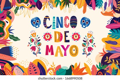 Beautiful vector illustration with design  for Mexican holiday 5 may Cinco De Mayo. Vector template with traditional Mexican symbols skull, Mexican flowers, red pepper.