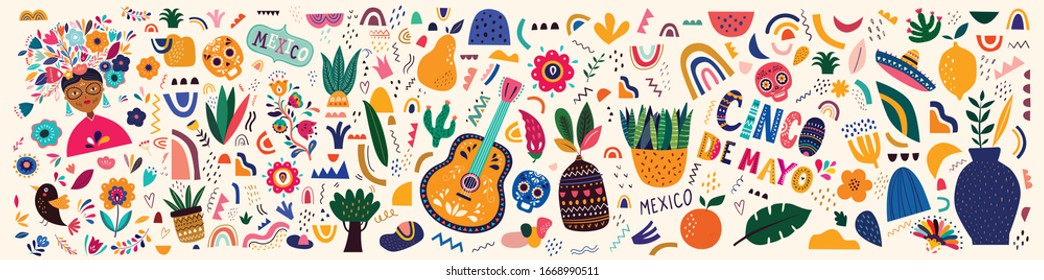 Schöne Vektorillustration Illustration mit Design für mexikanische Feiertage 5 kann Cinco De Mayo. Vorlage für Vektorillustrationen mit traditionellen mexikanischen Symbolen: mexikanische Gitarre, Blumen, roter Pfeffer, Schädel