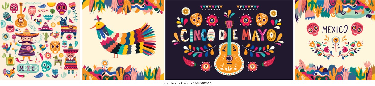 Beautiful vector illustration with design  for Mexican holiday 5 may Cinco De Mayo. Vector template with traditional Mexican symbols skull, Mexican guitar, flowers, red pepper