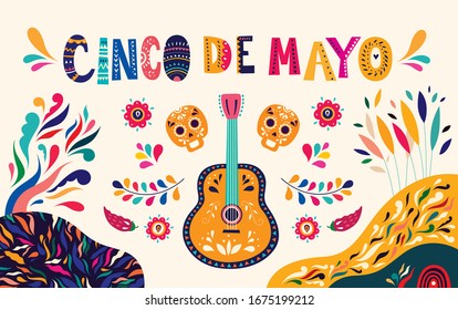 Hermosa ilustración vectorial con diseño para la fiesta mexicana 5 puede Cinco De Mayo. Plantilla vectorial con símbolos mexicanos tradicionales calavera, guitarra mexicana, flores, pimiento rojo