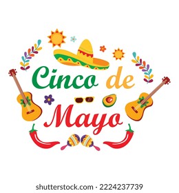 Beautiful Vector illustration with Design for Mexican Holiday 5 May Cinco De Mayo. Vector Template with Traditional Mexican Symbols Skull, Mexican Guitar, Flowers, Chili Sombrero Feliz Cinco de Mayo	
