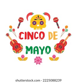 Beautiful Vector illustration with Design for Mexican Holiday 5 May Cinco De Mayo. Vector Template with Traditional Mexican Symbols Skull, Mexican Guitar, Flowers, Chili Sombrero Feliz Cinco de Mayo	
