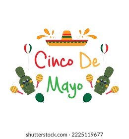 Beautiful Vector illustration with Design for Mexican Holiday 5 May Cinco De Mayo. Vector Template with Traditional Mexican Symbols Skull, Mexican Guitar, Flowers, Chili Sombrero Feliz Cinco de Mayo	