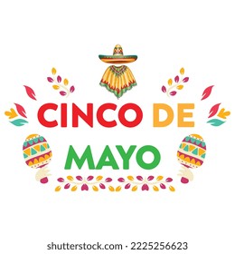 Beautiful Vector illustration with Design for Mexican Holiday 5 May Cinco De Mayo. Vector Template with Traditional Mexican Symbols Skull, Mexican Guitar, Flowers, Chili Sombrero Feliz Cinco de Mayo	