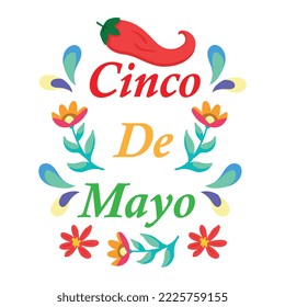 Beautiful Vector illustration with Design for Mexican Holiday 5 May Cinco De Mayo. Vector Template with Traditional Mexican Symbols Skull, Mexican Guitar, Flowers, Chili Sombrero Feliz Cinco de Mayo	