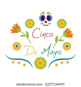 Beautiful Vector illustration with Design for Mexican Holiday 5 May Cinco De Mayo. Vector Template with Traditional Mexican Symbols Skull, Mexican Guitar, Flowers, Chili Sombrero Feliz Cinco de Mayo	