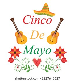 Beautiful Vector illustration with Design for Mexican Holiday 5 May Cinco De Mayo. Vector Template with Traditional Mexican Symbols Skull, Mexican Guitar, Flowers, Chili Sombrero Feliz Cinco de Mayo	