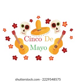 Beautiful Vector illustration with Design for Mexican Holiday 5 May Cinco De Mayo. Vector Template with Traditional Mexican Symbols Skull, Mexican Guitar, Flowers, Chili Sombrero Feliz Cinco de Mayo	