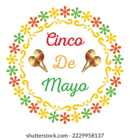 Beautiful Vector illustration with Design for Mexican Holiday 5 May Cinco De Mayo. Vector Template with Traditional Mexican Symbols Skull, Mexican Guitar, Flowers, Chili Sombrero Feliz Cinco de Mayo	