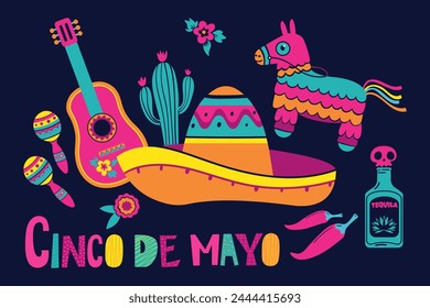 Beautiful vector illustration with a design for the Mexican holiday May 5, Cinco de Mayo. Vector template with piñata, tequila, sambrero, Mexican guitar, flowers, red pepper