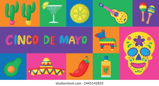 Beautiful vector illustration with design for Mexican holiday 5 may Cinco De Mayo. Vector template with traditional Mexican symbols skull, Mexican guitar, flowers, red pepper