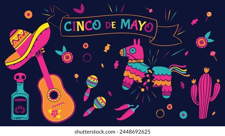 Beautiful vector illustration with a design for the Mexican holiday May 5, Cinco de Mayo. Vector template with piñata, tequila, sambrero, Mexican guitar, flowers, red pepper