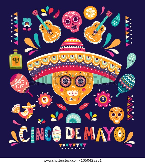 メキシコの祝日5日のデザインの美しいベクターイラスト シンコ デ マヨも可能 メキシコの伝統的なシンボルを持つベクター画像テンプレートメキシコの頭蓋骨 メキシコのギター 花 赤唐辛子 マラカス のベクター画像素材 ロイヤリティフリー
