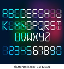 Beautiful vector illustration of digital glowing letters and numerals. Editable graphic illuminated alphabet useful for countdown, clock, electronic signboard or tableau creative design.