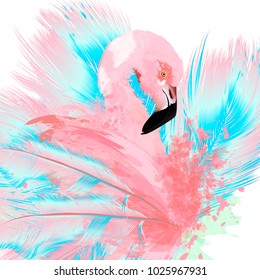 Beautiful vector illustration with drawn pink flamingo and blue feathers