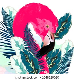 Beautiful vector illustration with drawn pink flamingo and palm leafs