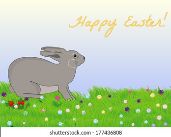 Beautiful vector illustration with Easter bunny on the spring meadow and the text "Happy Easter!"
