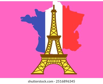 Bela ilustração Vetor da Torre Eiffel com bandeira da França em segundo plano