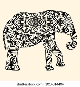 beautiful vector illustration of elephant silhouette filled with round mandala, black outlines without fill, isolated object ready to use