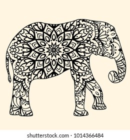 beautiful vector illustration of elephant silhouette filled with round mandala, black outlines without fill, isolated object ready to use