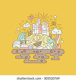 Beautiful vector illustration of fantasy island with modern architecture, ocean waves, sea creatures, butterflies, sun and ship. 