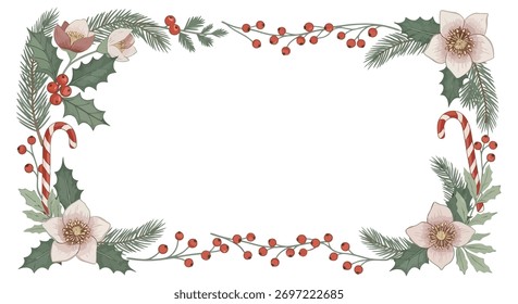 Una hermosa Ilustración vectorial con un diseño de borde floral de Navidades. Esta elegante ilustración muestra Elementos festivos como bayas rojas, bastones de caramelo y flores.