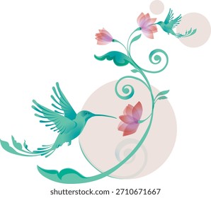 A beautiful vector illustration featuring green hummingbirds hovering around delicate flowers. The artwork highlights the birds’ long, slender beaks, rapid wing motion, and vibrant iridescent plumage.