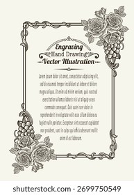 Uma bela ilustração vetorial com um quadro retangular adornado com rosas gravadas intricadamente e floreios ornamentais, perfeito para convites ou elementos decorativos.