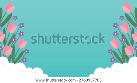 A beautiful vector illustration featuring a spring flower frame with pink tulips and purple blossoms, set against a soft blue sky background with clouds at the bottom. Perfect for Mother's Day cards, spring invitations, social media banners, and seasonal graphic design projects.
