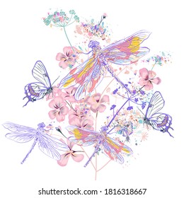 Beautiful vector illustration with flowers and dragonflies, spring time, vintage style