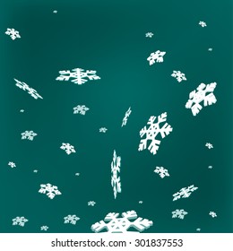 Schöne Vektorgrafik fliegender Schneeflocken im Perspektivstil. Grafischer Winterhintergrund. Modernes 3D-Design für die Erstellung von Silvester- und Weihnachtskarten, Einladungen, Kalender und Plakaten.
