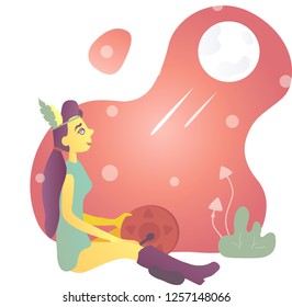 Beautiful vector illustration. Girl shaman with a tambourine in high boots watching the moon and star fall. Red mushroom background.