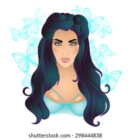 beautiful vector illustration of a girl in the style of pin-up 30's and watercolor butterfly