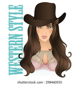 Beautiful vector illustration of a girl in the style of the wild west. western style. cowboy girl.