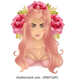 beautiful vector illustration of a girl in the style of pin-up 30's with watercolor roses