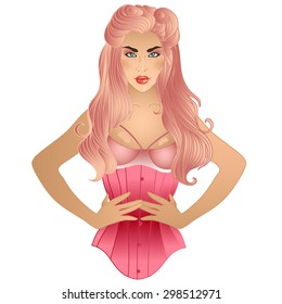 beautiful vector illustration of a girl in the style of pin-up 30's with corset.