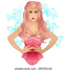 beautiful vector illustration of a girl in the style of pin-up 30's with corset and watercolor butterfly